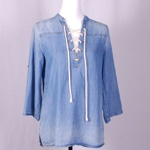 GUC Lovestitch Chambray Lace-Up Blouse, Sz - Sm